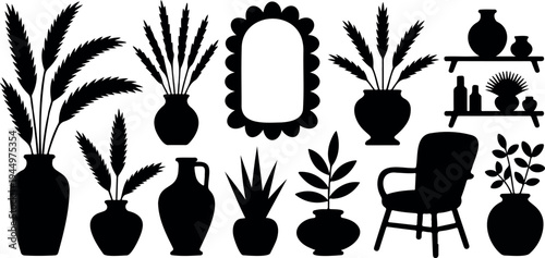 Set of black silhouettes of decorative home decor elements with vases, plants, chairs, and mirror