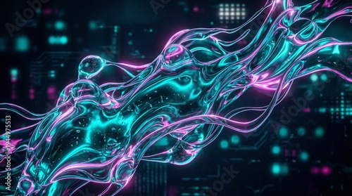 Liquid glass morphing abstract forms in cyber teal and magenta highlights
