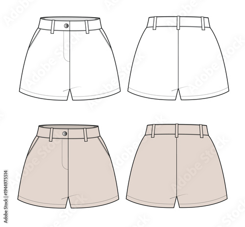 Women's high waist stretch shorts mockup template vector design technical illustration.