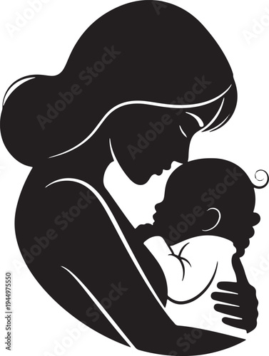 Elegant silhouette of a mother cradling her sleeping baby, a serene image of maternal love, peace, and the gentle bond between parent and child.