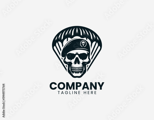 Skull with parachute wings and banner in clean modern airborne military vector illustration style