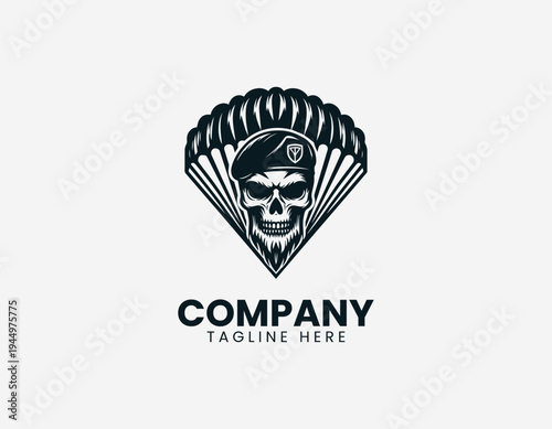 Skull with parachute wings and banner in clean modern airborne military vector illustration style