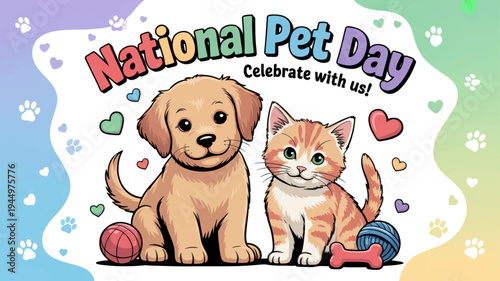 Cute dog and cat celebrating national pet day with hearts and toys on colorful background