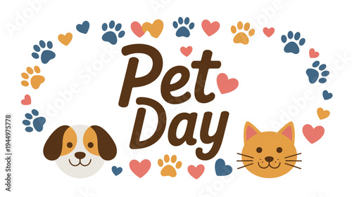 Colorful pet day illustration with dog cat hearts and paw prints for animal lovers and celebration