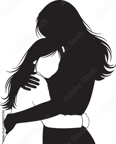Stylized silhouette of a mother embracing her child from behind, conveying a feeling of deep love, security, and unconditional maternal affection.