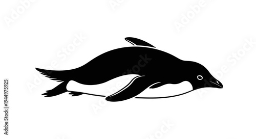A sleek black silhouette of a graceful penguin gliding effortlessly through the water, capturing its agile movement and aquatic nature in a clean, graphic illustration perfect for wildlife themes