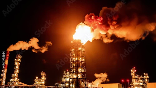 A nighttime industrial scene with a large factory emitting smoke and flames
