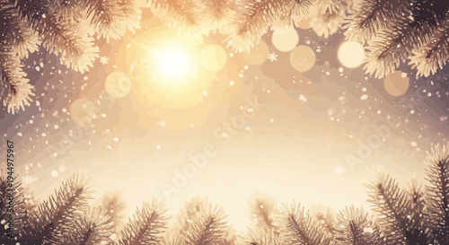 Radiant holiday background featuring a warm glow amidst snow-dusted evergreen boughs, creating a festive and magical winter scene, perfect for seasonal designs