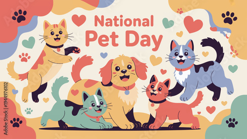 Colorful pets celebrate national pet day with hearts and paw prints in a playful illustration