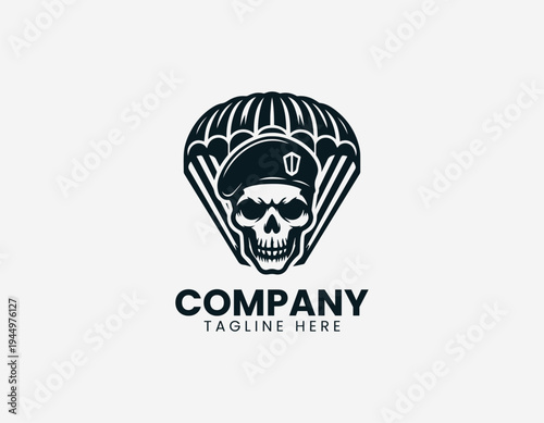 Skull with parachute wings and banner in clean modern airborne military vector illustration style