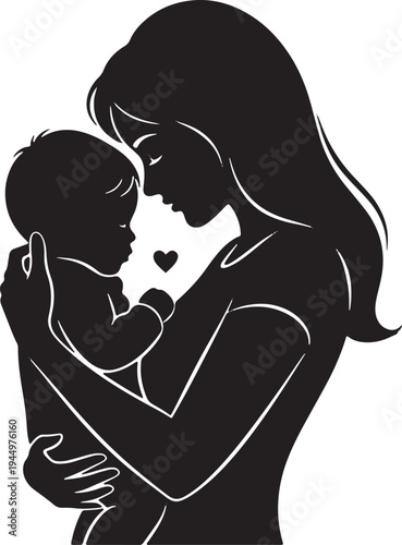 Heartwarming silhouette of a mother tenderly holding her baby, with a small heart accent, conveying unconditional love and parental affection.
