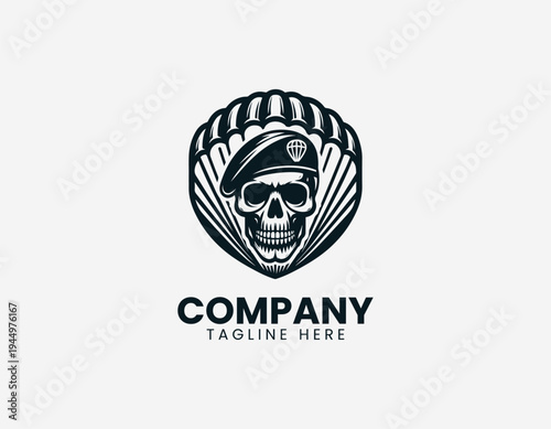 Skull with parachute wings and banner in clean modern airborne military vector illustration style