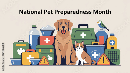 National pet preparedness month pet first aid kit with dog cat and bird