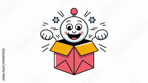 Happy cartoon character emerging from a gift box with surprise and excitement colorful and playful design element