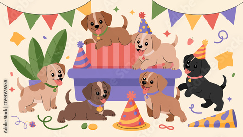 Puppies celebrate a birthday party with colorful decorations and gifts