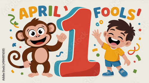 Boy and monkey celebrating april fools' day with colorful confetti and large red number one