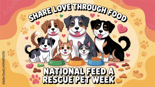 Cute dogs and cats sharing food for national feed a rescue pet week promoting pet adoption and animal love