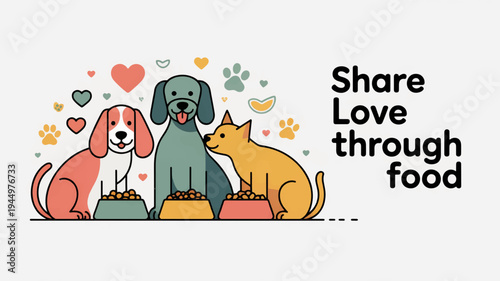 Colorful illustration of dogs and cat sharing food with hearts and paw prints symbolizing love and friendship