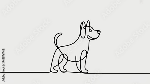 Dog standing on ground looking ahead in simple line art style on plain background