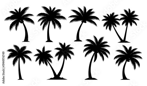 Tropical coconut palm tree silhouette vector set isolated on white background for summer travel and beach design