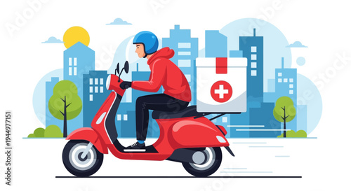 Fast and efficient medical delivery service with a courier on a scooter, symbol of health and safety