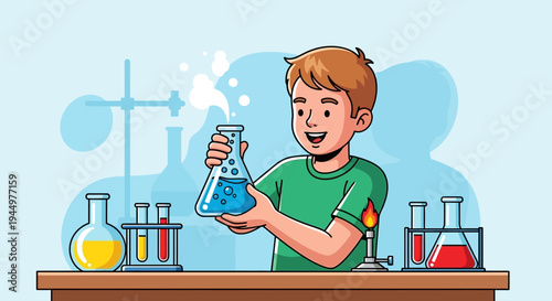 Young boy joyfully experimenting with a chemical reaction in a laboratory flask, surrounded by scientific equipment