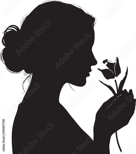 Beautiful Black Silhouette of a Woman in Profile Gently Smelling a Rose, Depicting Serenity, Beauty, and Femininity