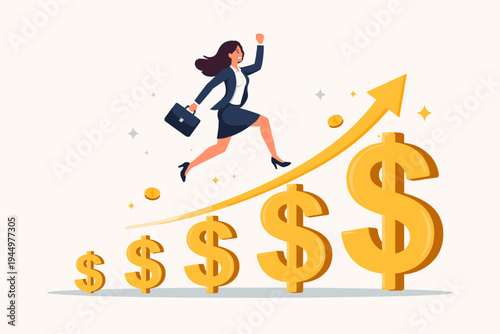 Successful Businesswoman Jumping Up on Growing Dollar Signs and Ascending Arrow, Representing Financial Growth, Career Success, Profit Increase, Investment Achievement, and Economic Prosperity.