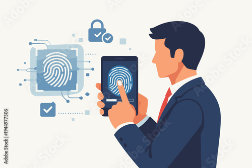 Businessman Using Biometric Fingerprint Scanning on a Mobile Phone for Secure Access and Data Protection, Flat Vector Illustration of Digital Security, Identity Verification, and Privacy.