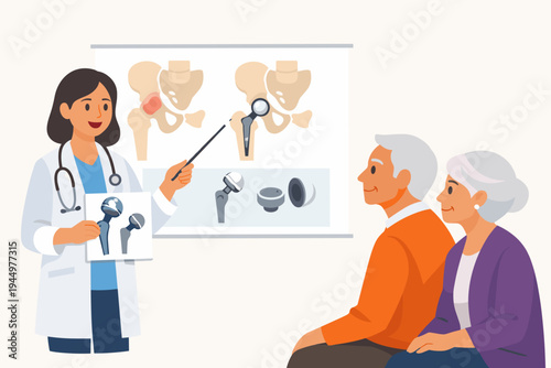 Female doctor explaining hip replacement surgery to a senior couple using a medical diagram and prosthetic implant illustrations in a clinic setting, flat vector style for healthcare education.
