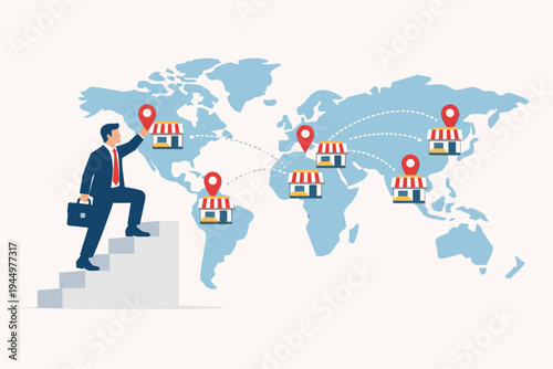 Businessman Climbing Stairs to Expand Store Network on a World Map, Representing Global Franchise Growth, International Retail Business Expansion, and Successful Corporate Strategy Concept