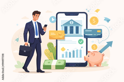 Professional businessman managing personal and business finances via a mobile banking application on a smartphone, featuring financial growth charts, piggy bank, cash, and credit card icons.