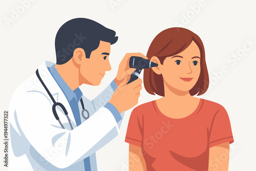 Male doctor in a white lab coat using an otoscope to perform an ear examination on a female patient. Professional medical checkup, ENT specialist consultation, hearing health and clinical diagnosis.
