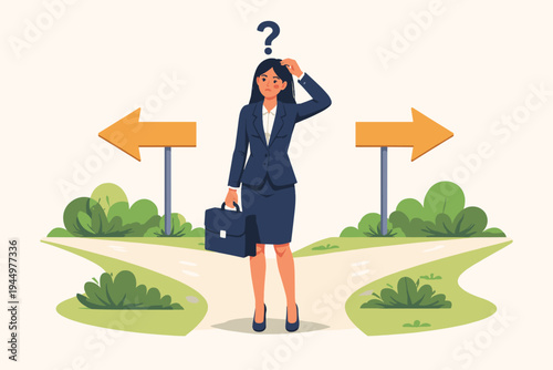 Confused businesswoman standing at a crossroads with two directional arrows, making a difficult career choice or business decision, flat vector illustration of a professional woman in dilemma.