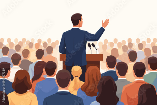 Vector Illustration of a Professional Businessman or Politician Giving an Inspiring Speech from a Podium to a Large Audience Crowd at a Conference, Seminar, Public Event, or Political Rally.