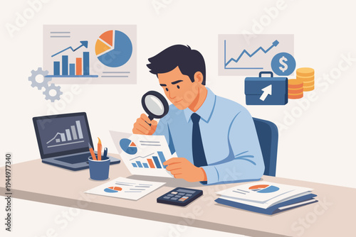 Professional financial analyst sitting at a desk examining business plan reports with a magnifying glass. Flat vector illustration of a male auditor analyzing data, charts, and market trends.