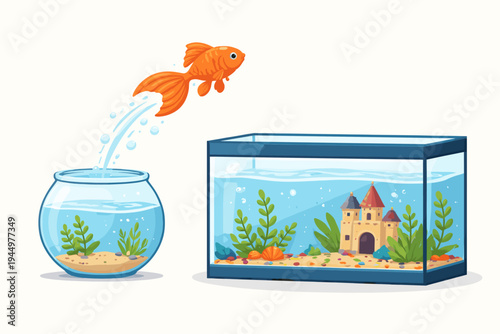 Goldfish jumping from a small fishbowl into a larger aquarium with a castle and plants. Flat vector illustration of a fish seeking a better life, more space, growth, ambition, and positive change.