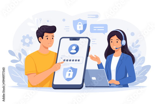Vector Illustration of a Man Setting Up User Login and Password for a Mobile Application with the Assistance of a Professional Customer Support Representative for Data Security and Protection