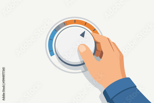 Vector illustration of a human hand rotating a round thermostat dial or control knob to adjust temperature from cold to hot, featuring a blue and orange color scale on a clean white background.