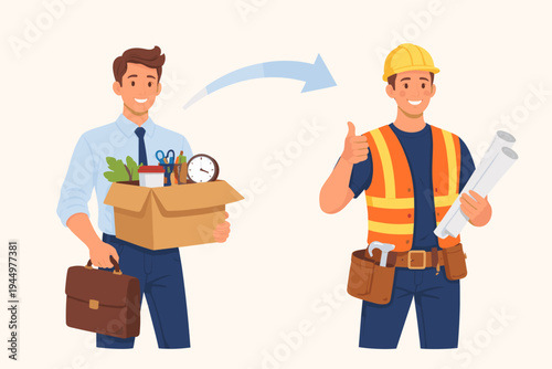 Happy Professional Man Changing Careers from an Office Job to a Construction Worker, Transitioning from White Collar to Blue Collar Employment, Vocational Shift and Career Path Success Illustration