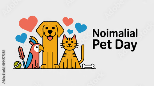 Colorful cartoon animals celebrate noimalial pet day with hearts