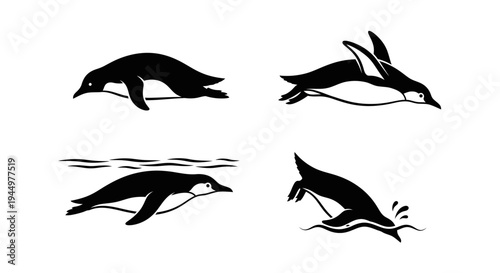 Illustrations of penguins in various stages of diving and swimming in water with dynamic poses
