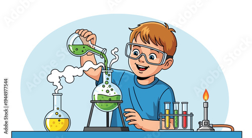 Illustration of a young boy enthusiastically conducting a science experiment with bubbling liquids and test tubes, showcasing curiosity and learning