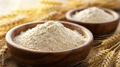 Two wooden bowls filled with whole wheat flour and wheat ears on rustic wooden table background