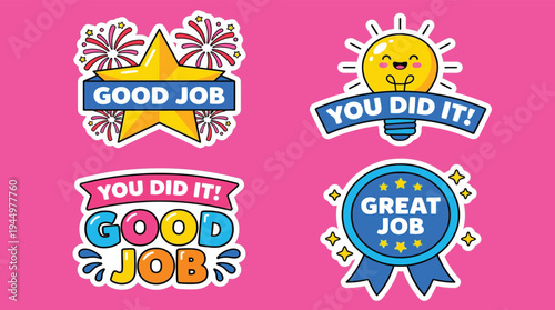 Set of cute motivation and praise sticker badges vector illustration