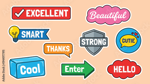 Set of cute excellent and smart chat bubble sticker badges vector