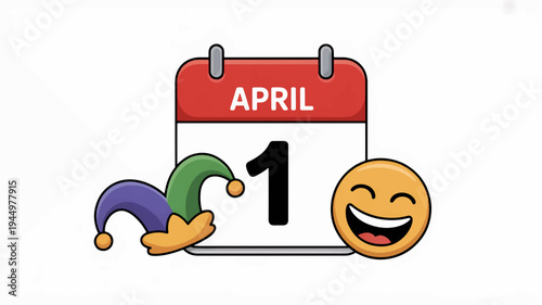 April fools' day icons with jester hat and laughing emoji on calendar