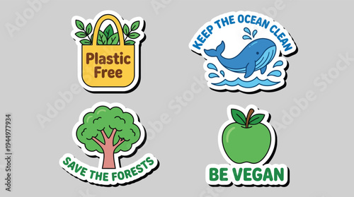 Eco friendly plastic free and save the forests sticker badge set vector