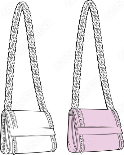 Chunky chain crossbody bag vector design mockup template technical flat drawing.