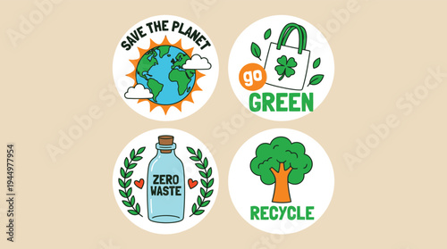 Save the planet and zero waste recycle sticker badge set vector